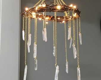 Crystal Mobile- Crystal Point Bohemian Mobile- Quartz Point Crystal Chandelier - Rustic Lighted Chandelier- Bohemian Home Decor- Wedding