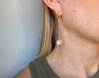 Crystal Cube Gold Earrings, Prism Earrings, Dangling Rainbow Earrings, Rainbow Crystal Earrings, Rainbow and Gold Earrings