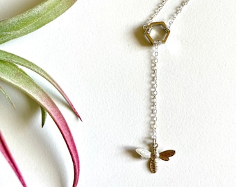 Bumble Bee and Honeycomb Necklace, Honey Bee Necklace, Honeycomb Necklace, Sterling Silver Bee, Hexagon Necklace
