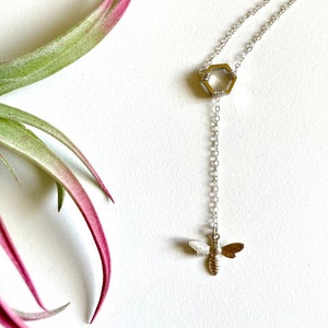 Bumble Bee and Honeycomb Necklace, Honey Bee Necklace, Honeycomb Necklace, Sterling Silver Bee, Hexagon Necklace