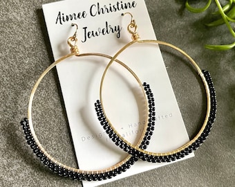 Black and Gold Hoop Earrings, Black Beaded Earrings, Woven Beaded Earrings, Large Gold Hoop Earrings, Glass Beaded Earrings