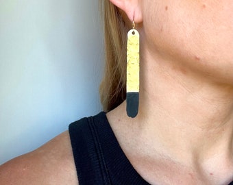 Hammered Gold Bar and Black Earrings, Long Gold Earrings, Black and Gold Earrings, Black Painted Earrings, Gold Earrings, Gold Jewelry