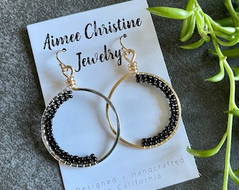 Black Crescent Moon Earrings, Black and Gold Hoop Earrings, Black Beaded Earrings, Woven Beaded Earrings, Glass Beaded Earrings