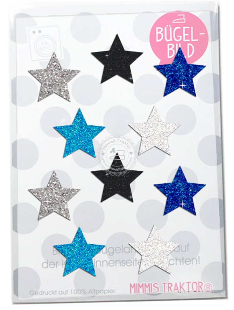 Bügelbild 10 GLITZER Sterne, Größe 3 cm BUNTES SET Aufbügler Applikationen Bügelsticker für Stoffe Textilien Kinder zum Aufbügeln Flicken image 1