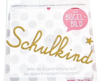 Bügelbild GLITZER Schulkind mit Stern 15 cm Aufbügler Applikationen Bügelsticker für Stoffe Textilien Kinder zum Aufbügeln Flicken