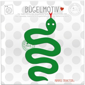 Könnte beinhalten: Grünes Bügelmotiv eines Schlangen mit einem roten Herzen. Das Motiv ist auf einem weißen Hintergrund mit grauen Punkten. Der Text "BÜGELMOTIV" befindet sich oben im Bild. Der Text "MIMMIS TRAKTOR" befindet sich unten im Bild.