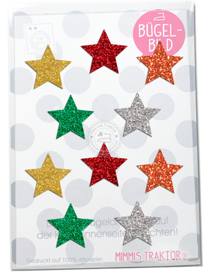 Bügelbild 10 GLITZER Sterne, Größe 3 cm BUNTES SET Aufbügler Applikationen Bügelsticker für Stoffe Textilien Kinder zum Aufbügeln Flicken image 3