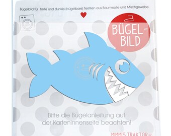 Bügelbild Hai 12 cm x 7,2 cm HELLBLAU WEISS Flockfolie Aufbügler Applikationen Bügelsticker für Stoffe Textilien zum Aufbügeln Flicken