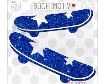 GLITZER Bügelbild 2 Skateboards cooler Preis 15 cm BLAU Aufbügler Applikationen Bügelsticker für Stoffe Textilien zum Aufbügeln Flicken