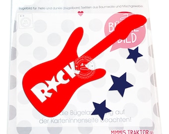 Bügelbild E-Gitarre + Sterne 6 x 14,5 ROT MARINE Flockfolie Aufbügler Applikationen Bügelsticker für Stoffe Textilien zum Aufbügeln Flicken