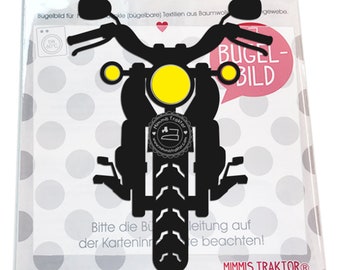 Bügelbild Gr. L Motorrad 14 cm SCHWARZ GELB Flockfolie Aufbügler Applikationen Bügelsticker für Stoffe Textilien zum Aufbügeln Flicken