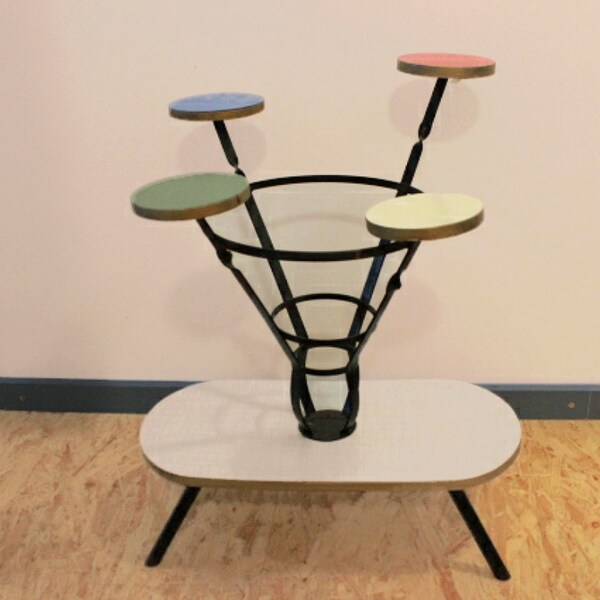 Vintage 50s mid century plant stand, wrought iron, colorful, pastel colors, flower bench, mid mod, 60s