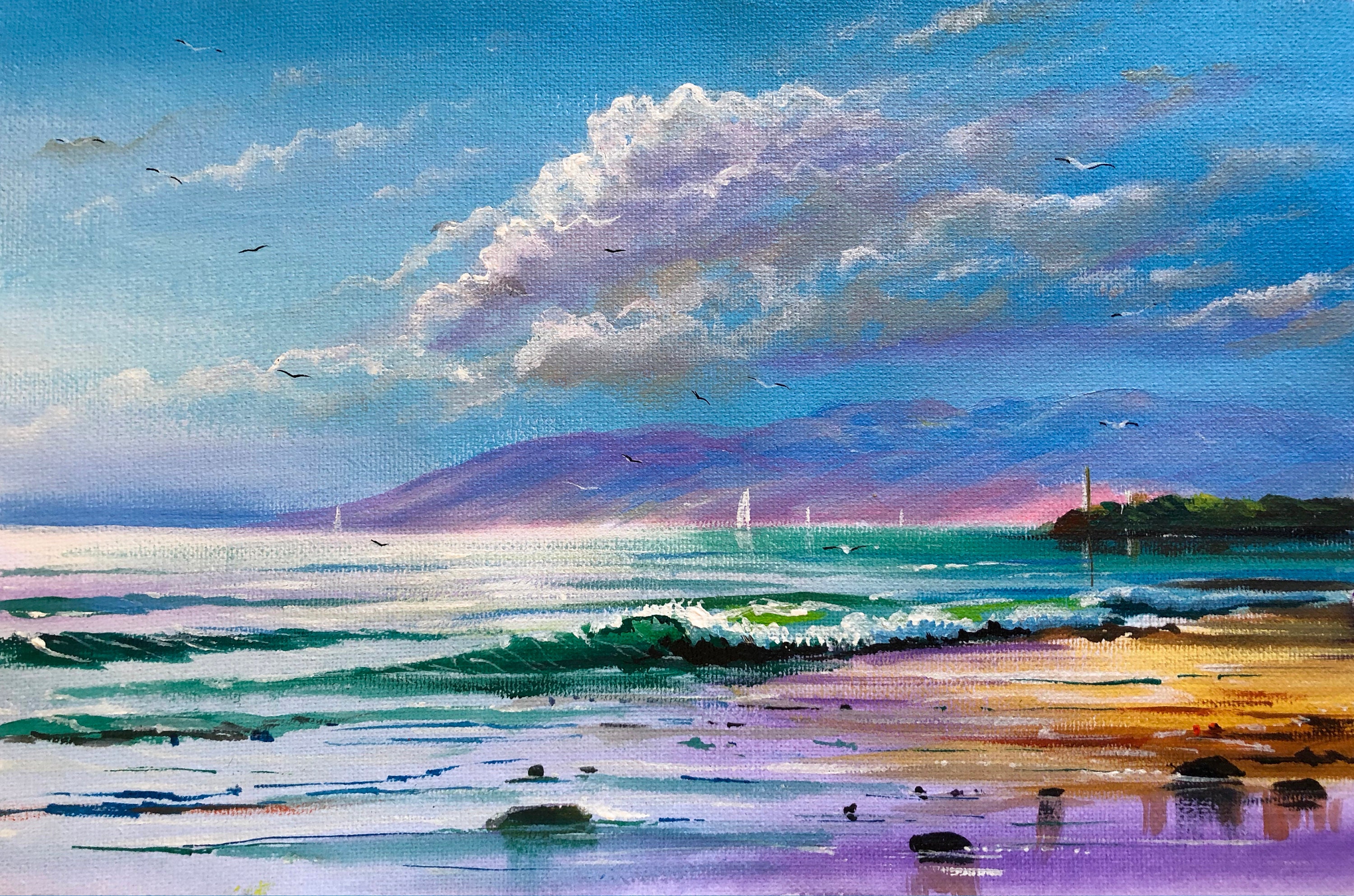 Beach Painting on Canvas Panel Abstract Art Sailing Etsy