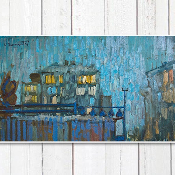 Night, Summer (Original painting)oil painting , cityscape, free shipping