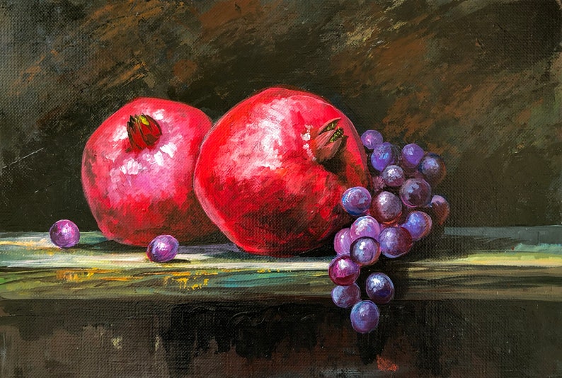 Free Shipping Unique Gift for Woman Impressionist Grenade Still Life Original Acrylic Painting Kitchen Decor Small Wall Art