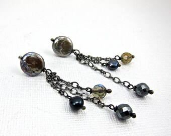 grey pearl dangle earrings, with hematite, freshwater pearl and crystal, oxidized/blackened sterling silver