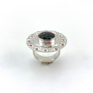 anillo de disco de plata grande, anillo de disco grande con piedra