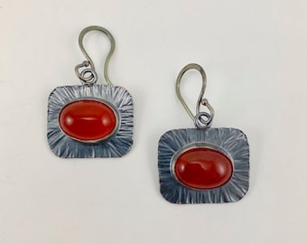 blackened silver earrings, carnelian earrings, hammered earrings