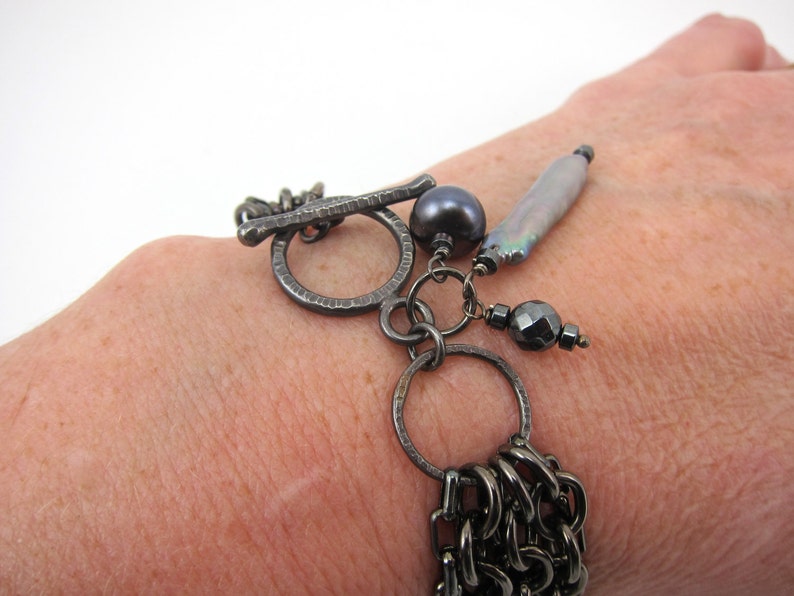 chain bracelet, chain and pearl bracelet, gunmetal bracelet, hematite bracelet image 3