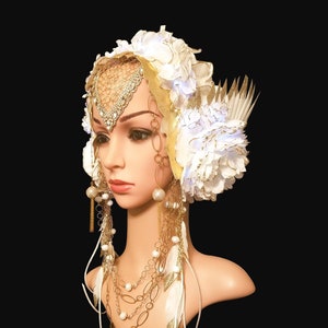 BriteWhite LED lit White & Gold headpiece, Burning Man, Bellydance, Fantasy, Fairy, Wedding, Tribal, larp, cosplay, Festival Heapiece,