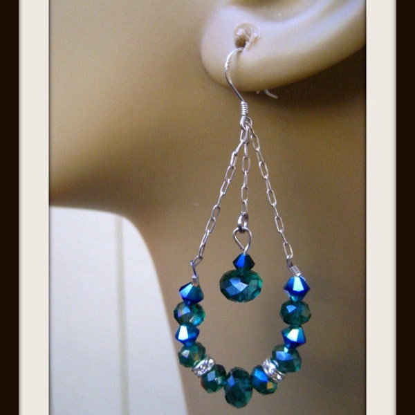 925 Sterling Silver Ear wire, 925 Sterling silver Chain, Emerald Green, metallic blue and metallic green Crystals, Clear Cubic Zirconia