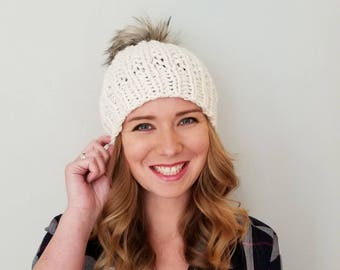 Moxie Hat with Pom Pom - Cream - Knit Winter Hat
