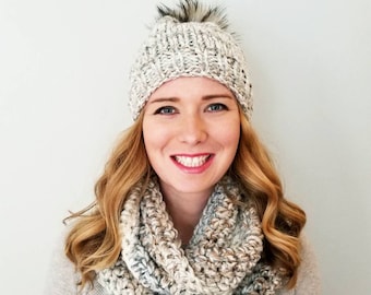 Baxter Hat with Pom Pom and Sutherland Infinity Scarf Combo - Fossil - Scarf Set