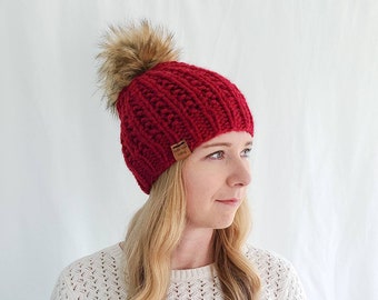 Moxie Hat with Pom Pom - Poppy - Knit Hat - Red - Knit Beanie