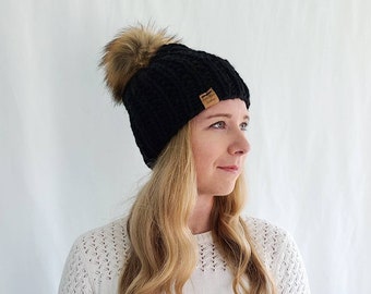 Moxie Hat with Pom Pom - Black - Knit Hat - Knit Beanie