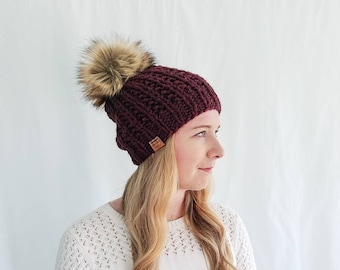 Moxie Hat with Pom Pom - Claret - Knit Winter Hat - Red - Knit Beanie