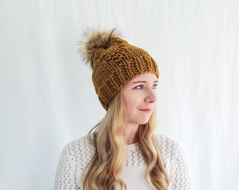 Rangeley Hat with Pom Pom - Flax - Knit Winter Hat - Knit Beanie
