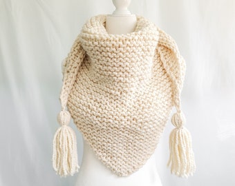 Back Bay Shawl - Cream - Knit Triangle Shawl - Winter Scarf - Blanket Scarf