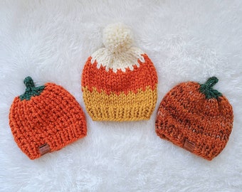 Fall Beanies - Knit Hat - Pumpkin Hat - Candy Corn Hat