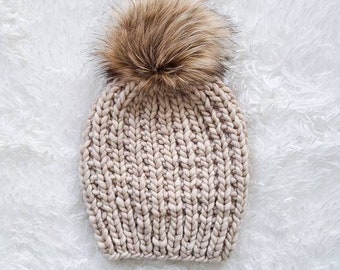 Moxie Hat - Knit Hat - Pom Pom Hat - Sand - 100% Merino Wool