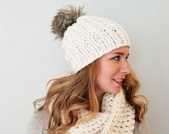 Moxie Hat and Sutherland Infinity Combo - Cream - Pom Pom Hat - Infinity Scarf - Scarf Set - Knit Hat