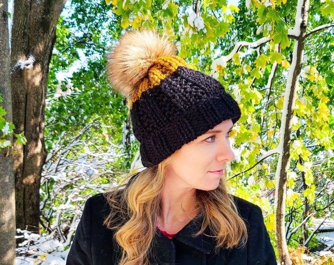 York Beanie - Flax and Black - Pom Pom Hat