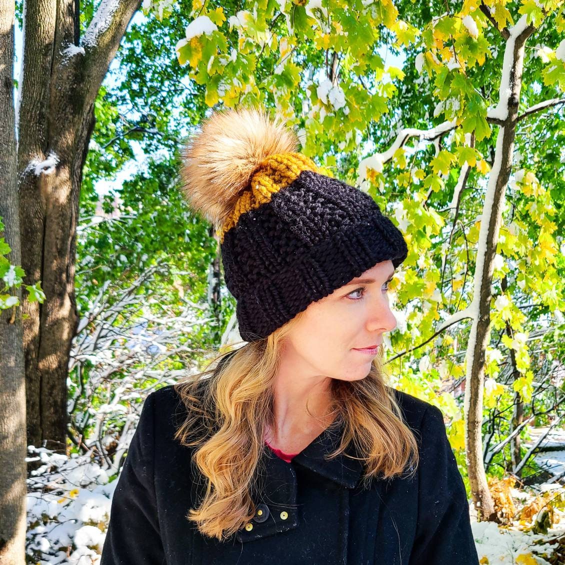 York Beanie - Flax and Black - Pom Pom Hat