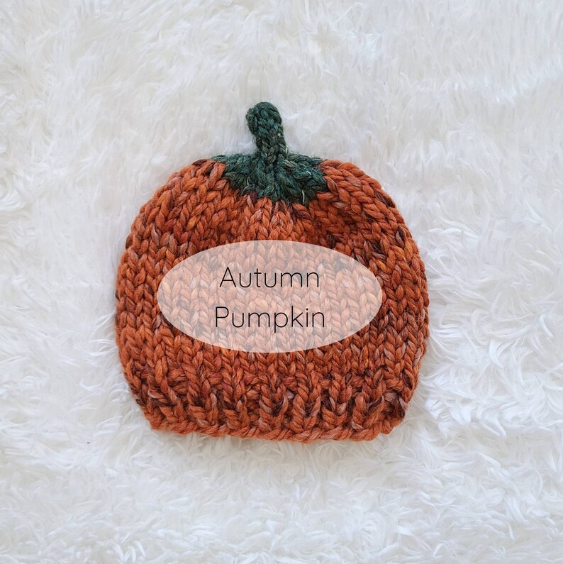 May include: A knitted pumpkin hat in orange and green with the text "Autumn Pumpkin" on it.