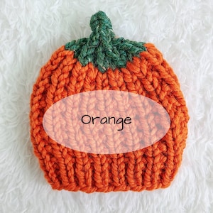 May include: Orange knitted pumpkin hat with a green stem.