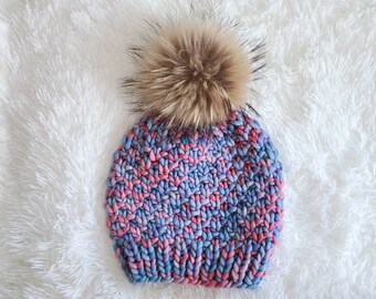 Beacon Hill Beanie - Knit Hat - Pom Pom Hat - Winter Wonderland Sunrise - 100% Merino Wool