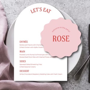 Menús de boda, menús de arco impresos con tarjetas de lugar de ondas circulares, menús personalizados, posavasos con nombres de invitados RIO