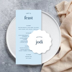 Menu weselne, drukowane menu z okrągłymi, falistymi winietkami, spersonalizowane menu, podstawki z imionami gości SANTORINI