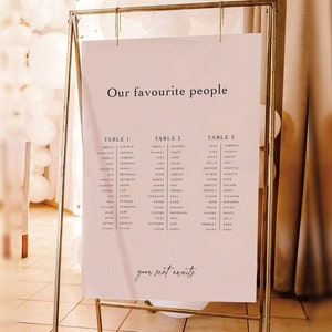 May include: A pink seating chart with a gold frame. The chart lists tables and names of guests. The text at the top reads "Our favourite people". The text at the bottom reads "your seat awaits".