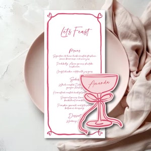 Menu weselne, drukowane menu na wieczór panieński z winietkami ze szkła, menu zaręczynowe, podkładki pod imiona gości, KIELISZEK DO WINA KOKTAJLOWEGO