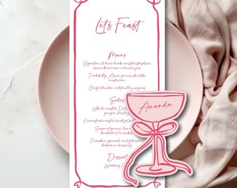 Wedding Menus, hens party bachelorette menu with coupe glass placecards, engagement  guest names coasters COCKTAIL WINE MARTINI