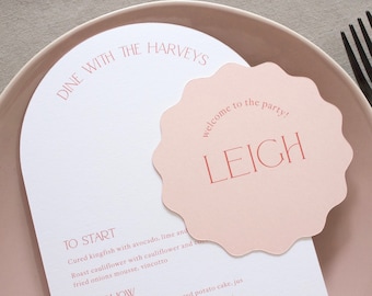 Wedding Menus, printed arch menus with circle wave placecards, personalised menus, guest names coasters GENEVA