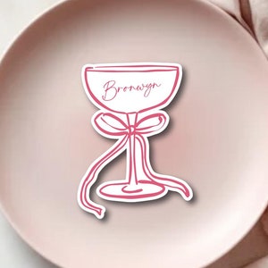 Cocktail Martini place cards, hens party placecard name coasters. Personalised guests ribbon and champagne glass bachelorette table