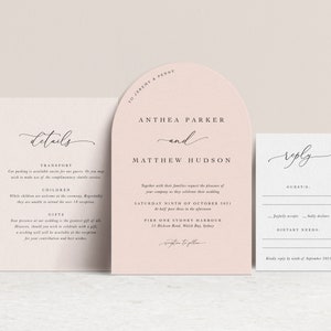 Invitaciones de boda Verona. Papelería de boda impresa o tipográfica. Caligrafía minimalista de invitaciones de boda. forma de arco