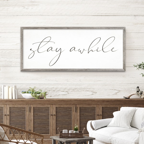 Stay Awhile Sign, Stay Awhile Wall Decor, Stay Awhile Wood Sign, Framed, Signs for Home, Living Room Signs, Entryway Sign