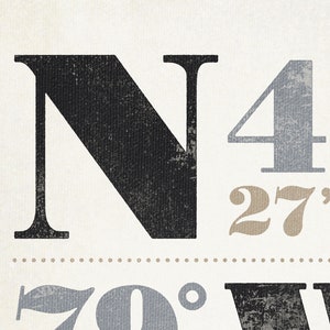 May include: Close-up of a vintage-style graphic with the text "N 40&deg; 27' 4" 70&deg; W". The graphic is in black, gray, and brown.